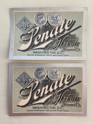 Vintage 2 Charles Heurich Brewing Co Senate Bierflaschenetiketten unbenutzt
