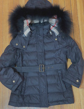 Burberry Girls Black Belted Puffer Jacket with Fox Hood sz 6Y authentic