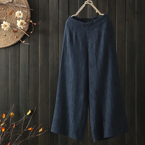 Women Cotton Linen Capri Culottes Cropped Wide Leg Elastic Waist Trousers Pants - Picture 5 of 18