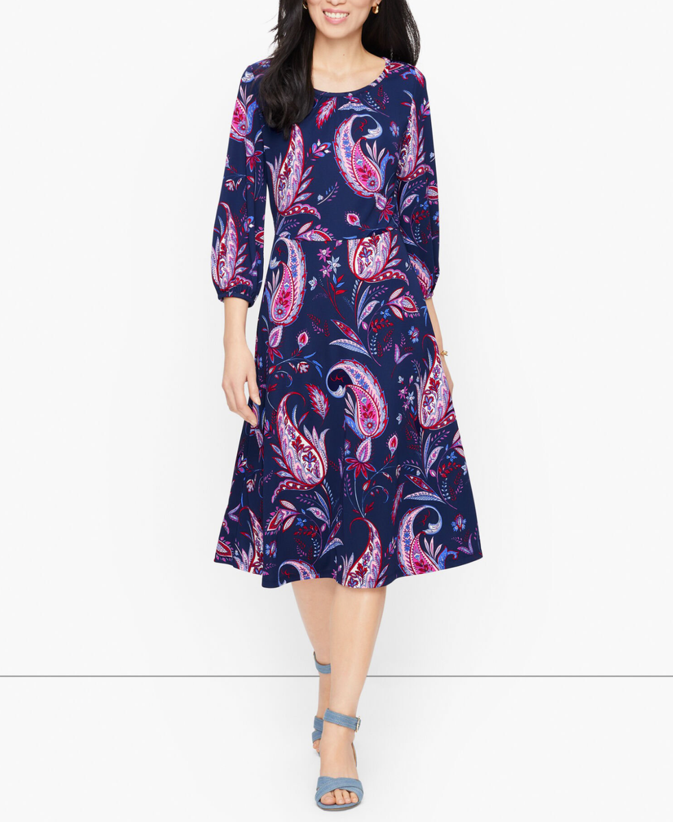 TALBOTS WOMEN'S MULTICOLOR 3/4 SLEEVE PAISLEY PRINT JERSEY MIDI DRESS Sz 18W TALBOTS WOMEN'S MULTICOLOR 3/4 SLEEVE PAISLEY PRINT JERSEY MIDI DRESS Sz 18W