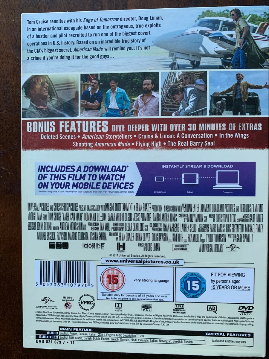 American Made DVD 2017 True Life Gun Drugs Runner Pilot Movie w Tom Cruise
