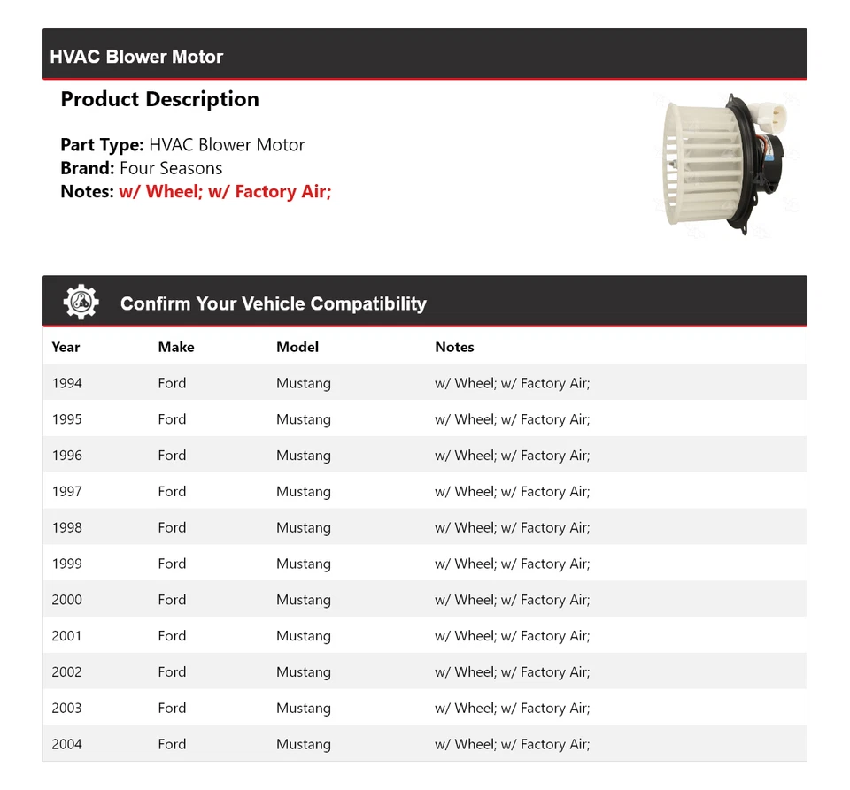 Motor soplador de climatización para Ford Mustang 1994-2004 4 estaciones 1995 1996 1997 1998 1999 Foto 2 de 4