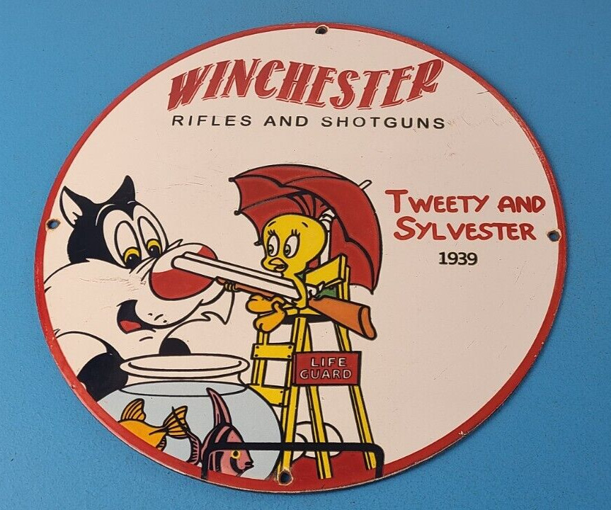 Letrero publicitario vintage de porcelana Winchester - armas de fuego servicio de gas