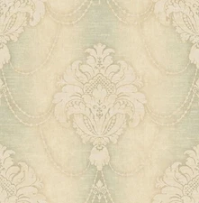 Pearl Damask Wallpaper in Tans, Cream, Teal   Document by Wallquest   DM20403