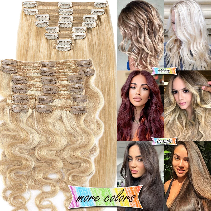 Thick Double Weft Clip In Real Remy Human Hair Extensions Full Head Highlight US - Image 2 of 4