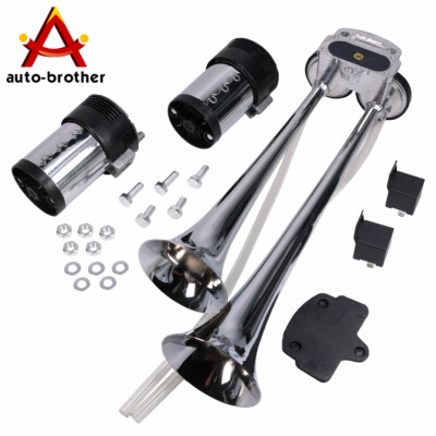 Loud Dual Trumpet Train Air Horn System Kit For Car Truck Chrome 12V DC