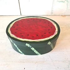 Vintage Handpainted 7" Wide Folk Art Watermelon Wood Band Box Primative