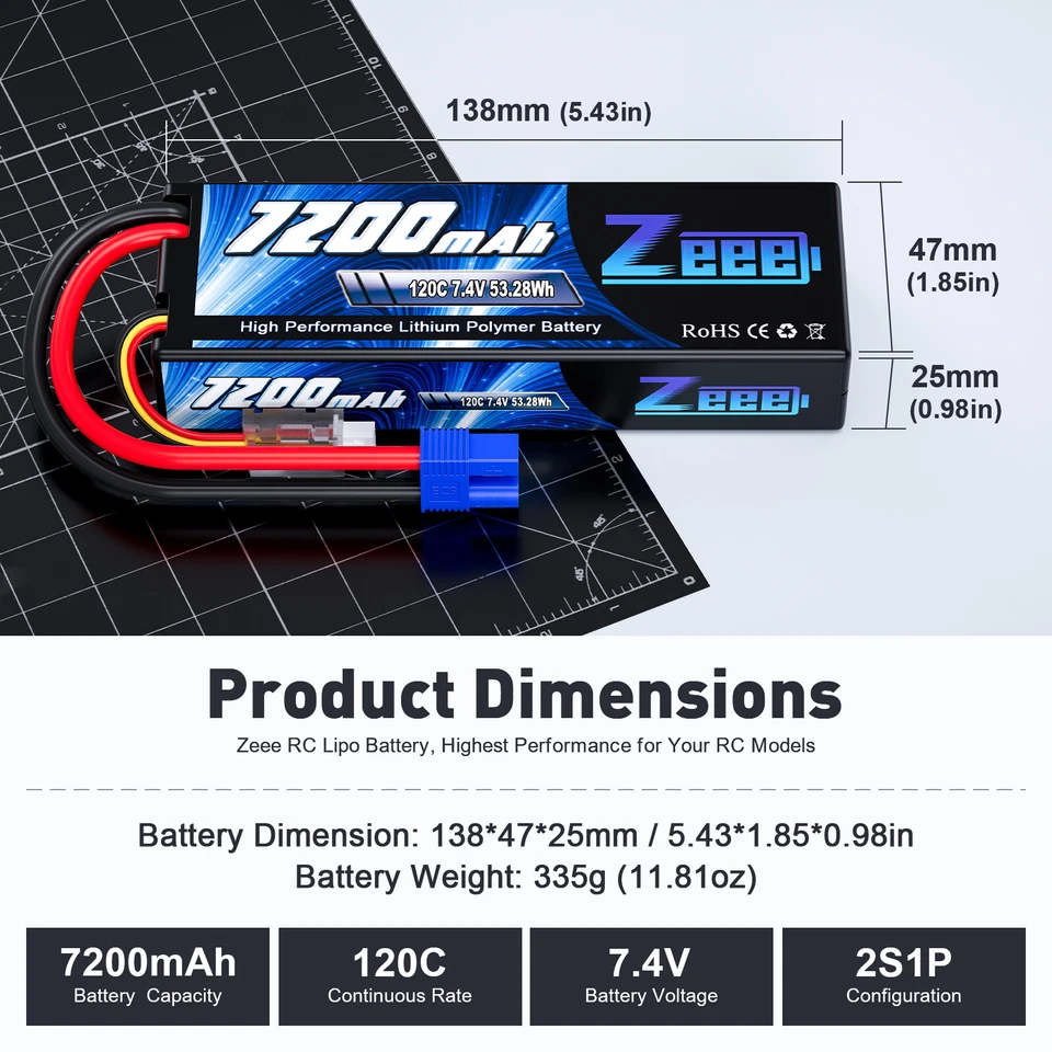 2x Batería Zeee 2S Lipo 7200mAh 7.4V 120C EC3 para RC Coche Camión Truggy Buggy Tanque Foto 3 de 4