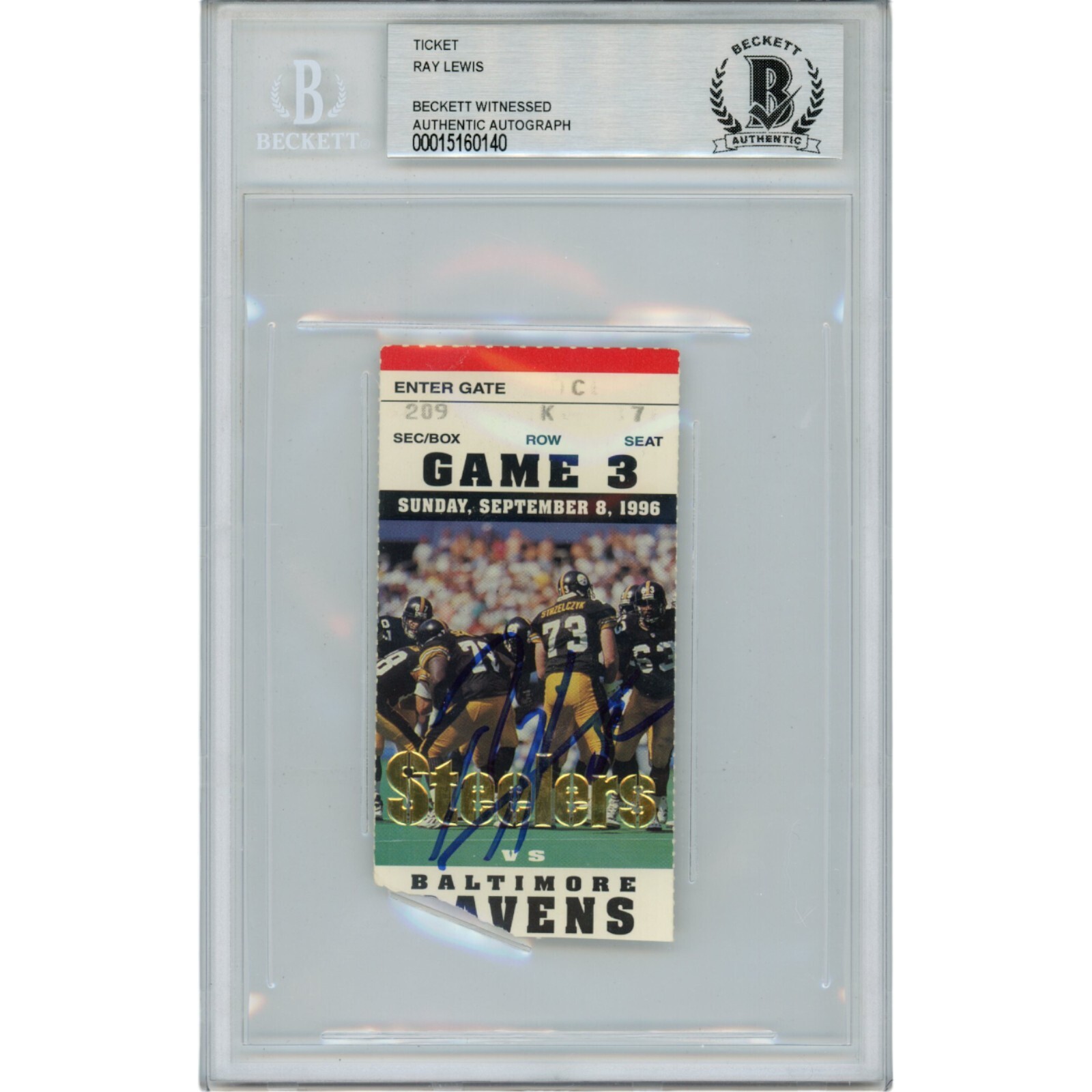 Ray Lewis Autographed Signed Baltimore Ravens 09/08/96 Ticket Stub Beckett 