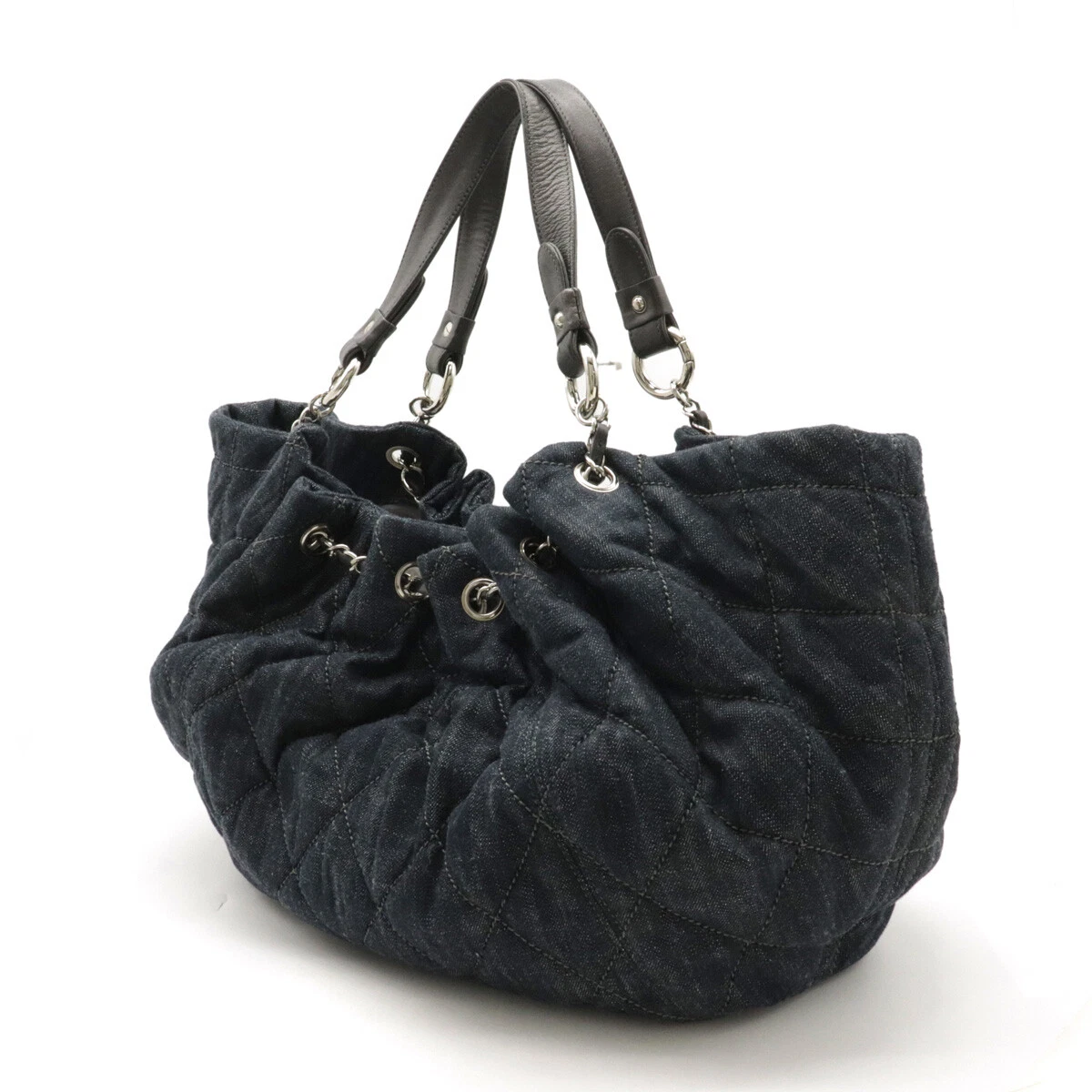 CHANEL Coco Cabas GM Tote Navy Blue Denim Stitched CC Logo Shoulder Bag  Chain