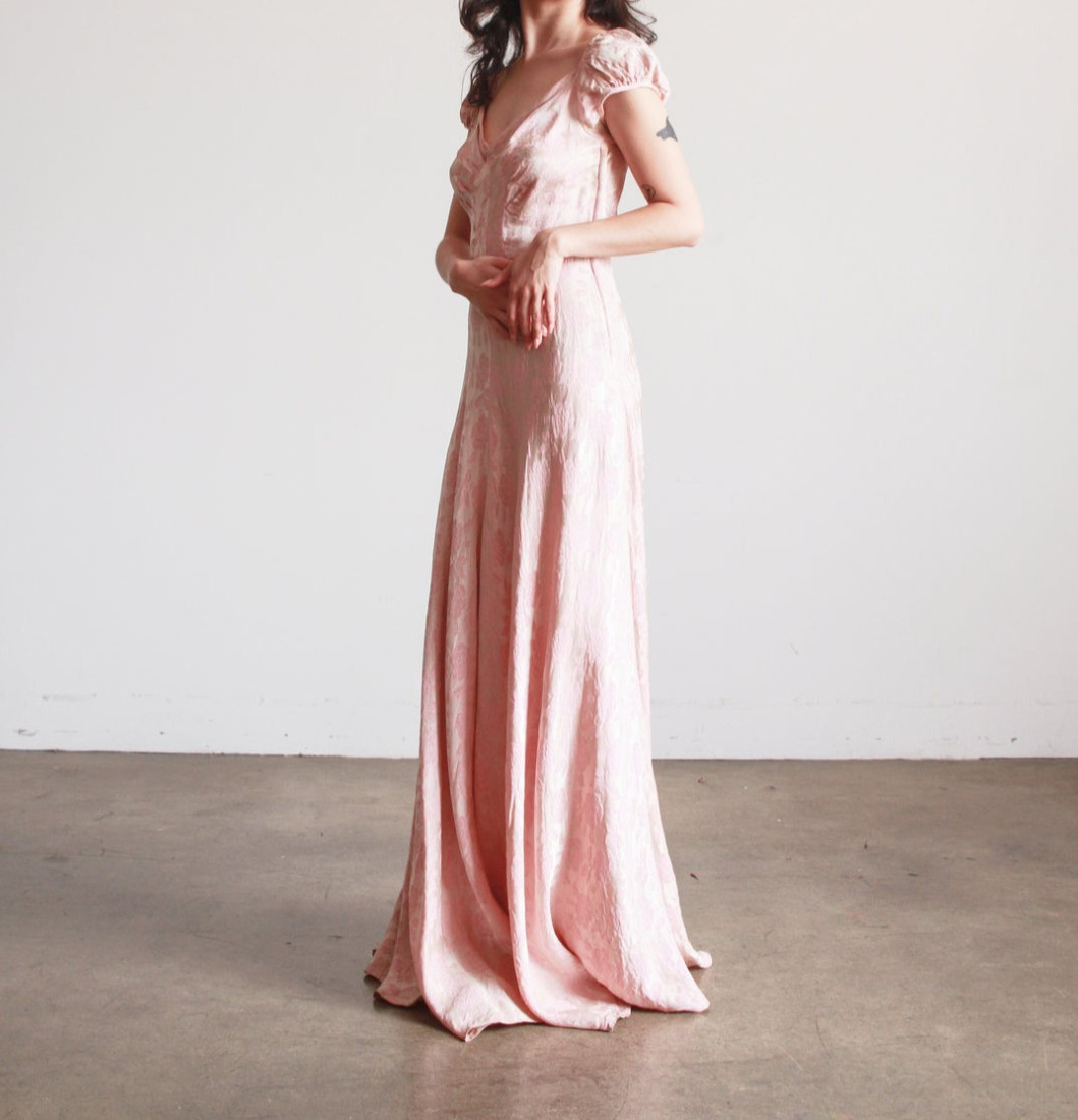 1930s Blush Pink Damask Silk Floral Jacquars Gown with Cap Puff Sleeves