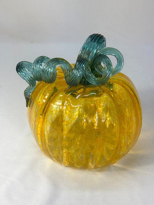 Wheaton Arts Glass Hand Blown Clear Yellow Pumpkin Gourd Green Curly Stem Signed