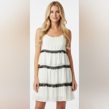 H Halston Cream And Black Fringe Tiered Sleeveless Dress size 10