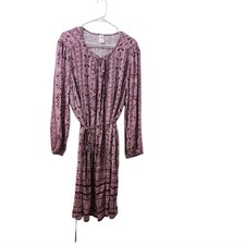 Terra & Sky Purple White Long Sleeve Boho Printed Tie-Waist Dress Plus Size 2X
