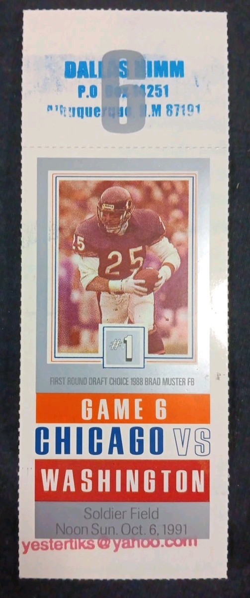 1991 Bears Redskins Mark Rypien 2 TDs Art Monk 2 TDs NFL Football Ticket Stub