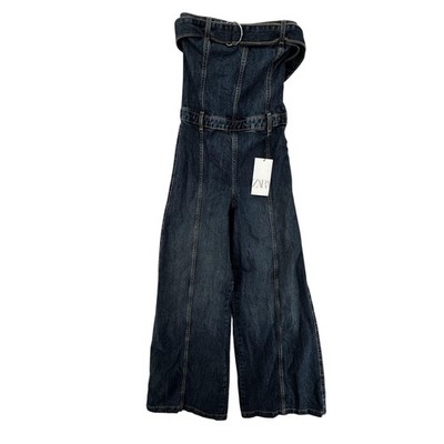 Zara Denim Jumpsuit Womens XS Dark Wash Strapless Wide Leg Belted