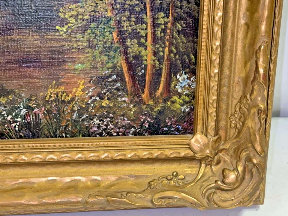 Antigua pintura de paisaje enmarcada sobre lienzo marco dorado ornamentado firmada-15” H x 19” l Foto 4 de 4