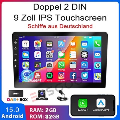 DAB+ 2+32G 9'' Autoradio Android 15 Carplay GPS NAVI WiFi RDS KAM+MIK 2 DIN BT FM