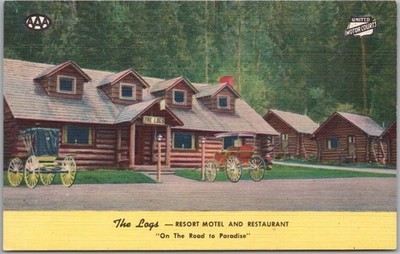 Vintage 1940s ASHFORD Mount Rainier Wash. Postcard THE LOGS RESORT MOTEL Linen