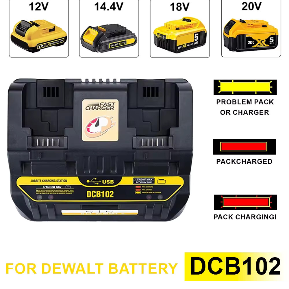 DCB102 고속 충전기, 슬라이딩 포트 2개, 4A, Dewalt 108V, 18V, 20V, 60V 배터리용 3