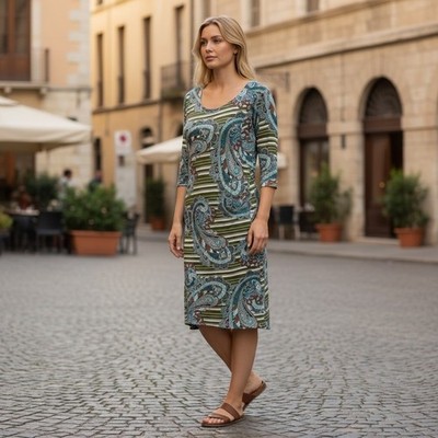 24seven Comfort Apparel Paisley Stripe Midi Dress 3X Green Blue Brown 3/4 Sleeve