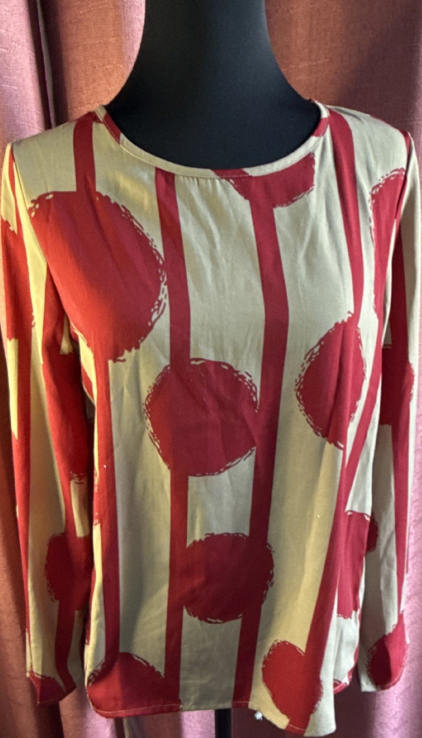 SHEIN Red Beige Abstract Round Neck Long Sleeve Blouse Women's XS
