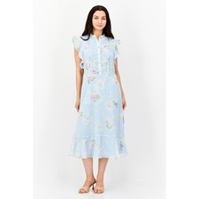 Lauren Ralph Lauren Ruffle Midi Dress Blue Floral Belted Chiffon Sz 12