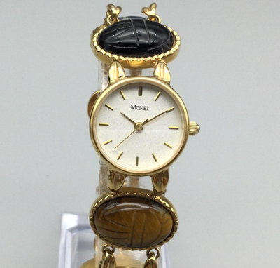 Vintage Monet Watch Women 21mm Gold Tone Scarab Bracelet 