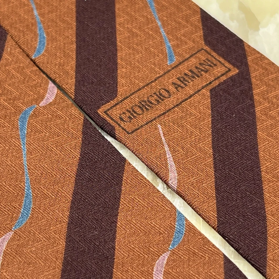 Giorgio Armani Brown Rust Burnt Orange Stripe Motif Necktie Silk Handmade Italy - Image 4 of 4