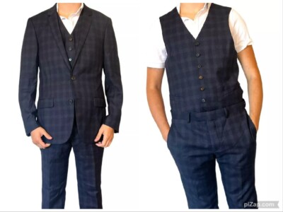 SANDRO PARIS MEN'S SUIT  3 PIECE NAVY PLAID CHECK WOOL  VEST 50 US 42 W34 P5308W