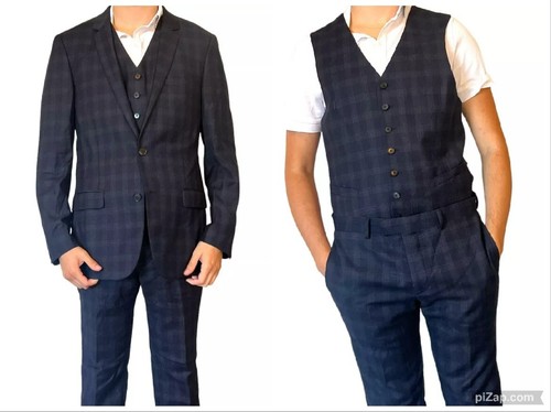 SANDRO PARIS MEN'S SUIT 3 PIECE NAVY PLAID CHECK WOOL VEST 50 US 42 W34 P5308W