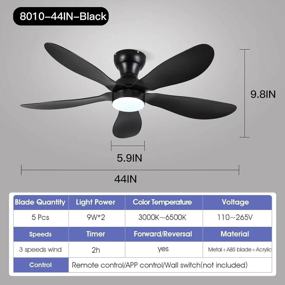 44" Ceiling Fan with Lights Remote/APP 6 Speeds 5 Reversible Blades Black - Image 3 of 4