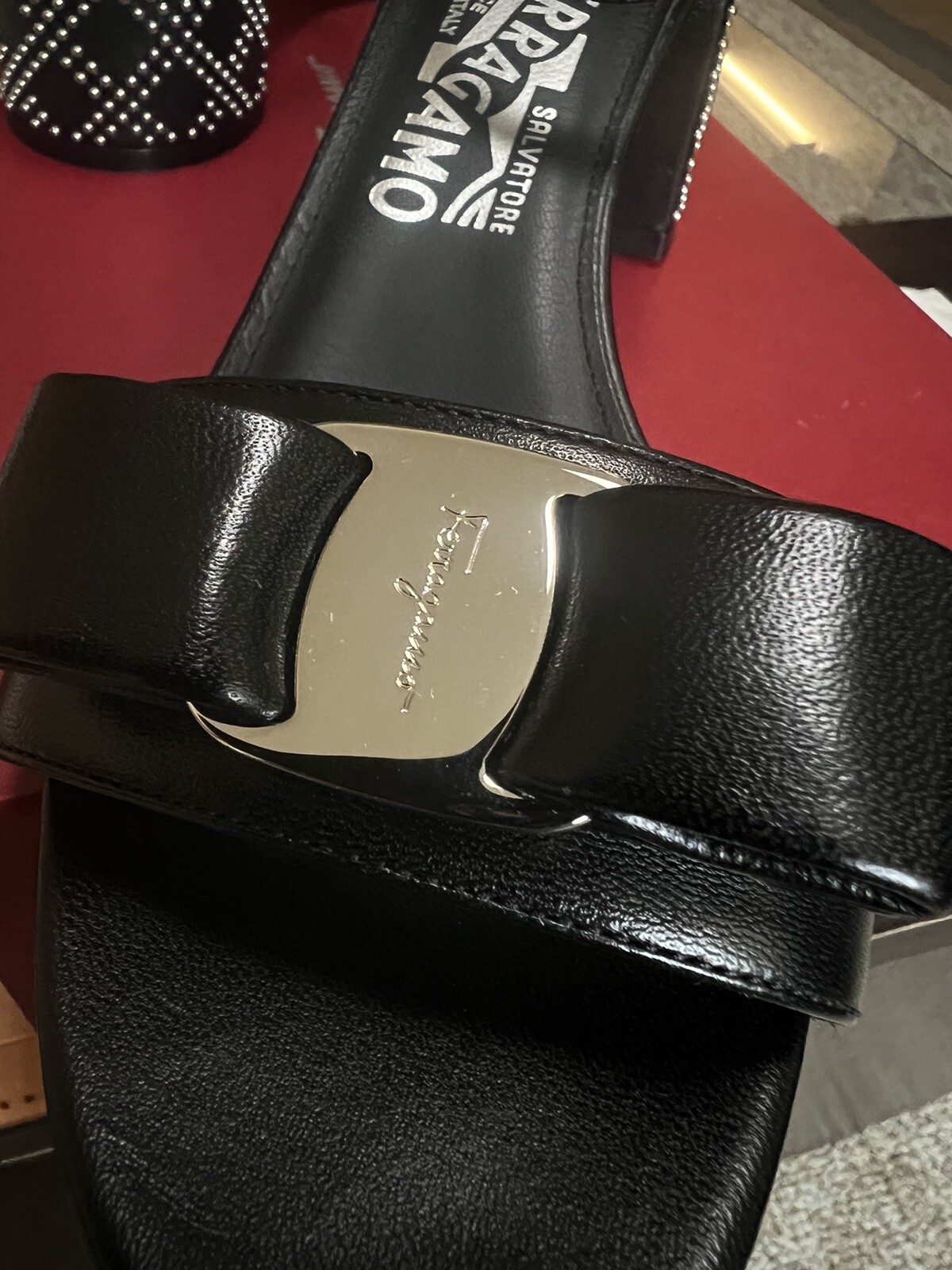 Salvatore Ferragamo Black Gavina Bow Patent Studded  Leather Sandals.Size 7C.NWB