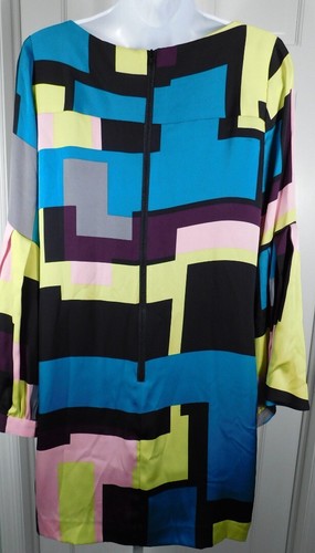 Vestido recto de seda manga larga bloque color amarillo púrpura verde azulado MILLY talla 4 ($350) - Imagen 5 de 6
