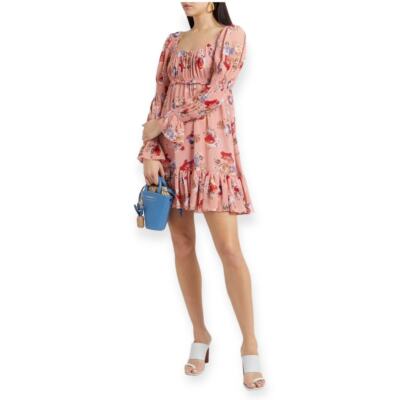 Cinq A Sept Simone Mini Dress Tiered Floral Print Chiffon Bare Rose Pink 0