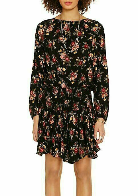 266498 Denim & Supply Ralph Lauren Floral Printed Mini Dress Smocked Black XS