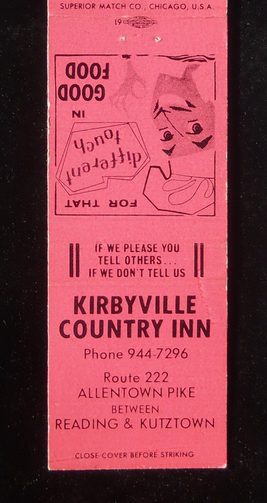 1960s Kirbyville Country Inn Route 222 Kirbyville PA Berks Co Matchbook