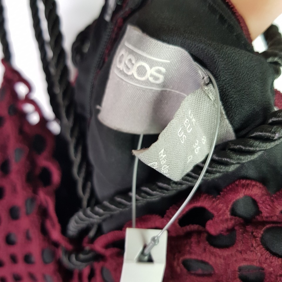 NEW Asos Lace Pleat Mini Dress Womens 8 Red Black Rope Strap Sleeveless