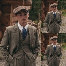 100 Wool 3Pcs Men's Suits Jacket 1960s Vintage Peak Lapel Blazer Pleated Pants