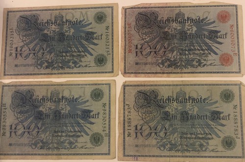 1908 DEUTSCHE DEUTSCHLAND BANKNOTE 100 Mark X 4 Berliner Reichsbank