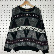 Expressions Abstract Aztec Knit Sweater Large Black Multicolor Chunky Cosby 90s