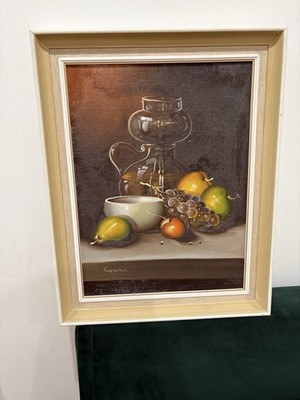 Vintage Stillleben Gemälde auf Leinwand Mitte 20. Jahrhundert Glaskaraffe und Obst