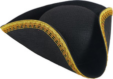 Black Pirate Hat, Colonial Tricorn Hat with Gold Trimming for Adults, Halloween