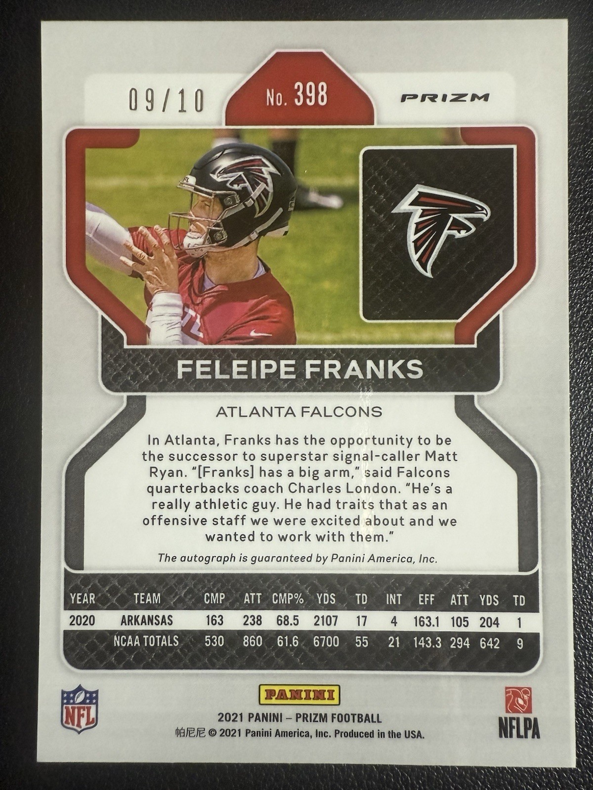2021 Prizm Feleipe Franks True Gold Prizm Rookie Auto # /10 Atlanta Falcons view 2