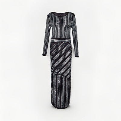 FRENCH CONNECTION Size S Sequin Striped Maxi Dress Long Sleeve Round Neck