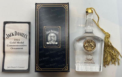 Jack Daniels 1914 Gold Medal Bottle Ornament w/box & Certificate of Authenticity