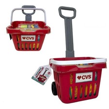 Kids N Play CVS Supermarket Shopping Cart Toy with Play Food Red Rolling Basket