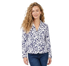Chicos Blazer Size 1 M 8 Blue White Abstract Slit Cuffs Pockets 3 Button Cotton