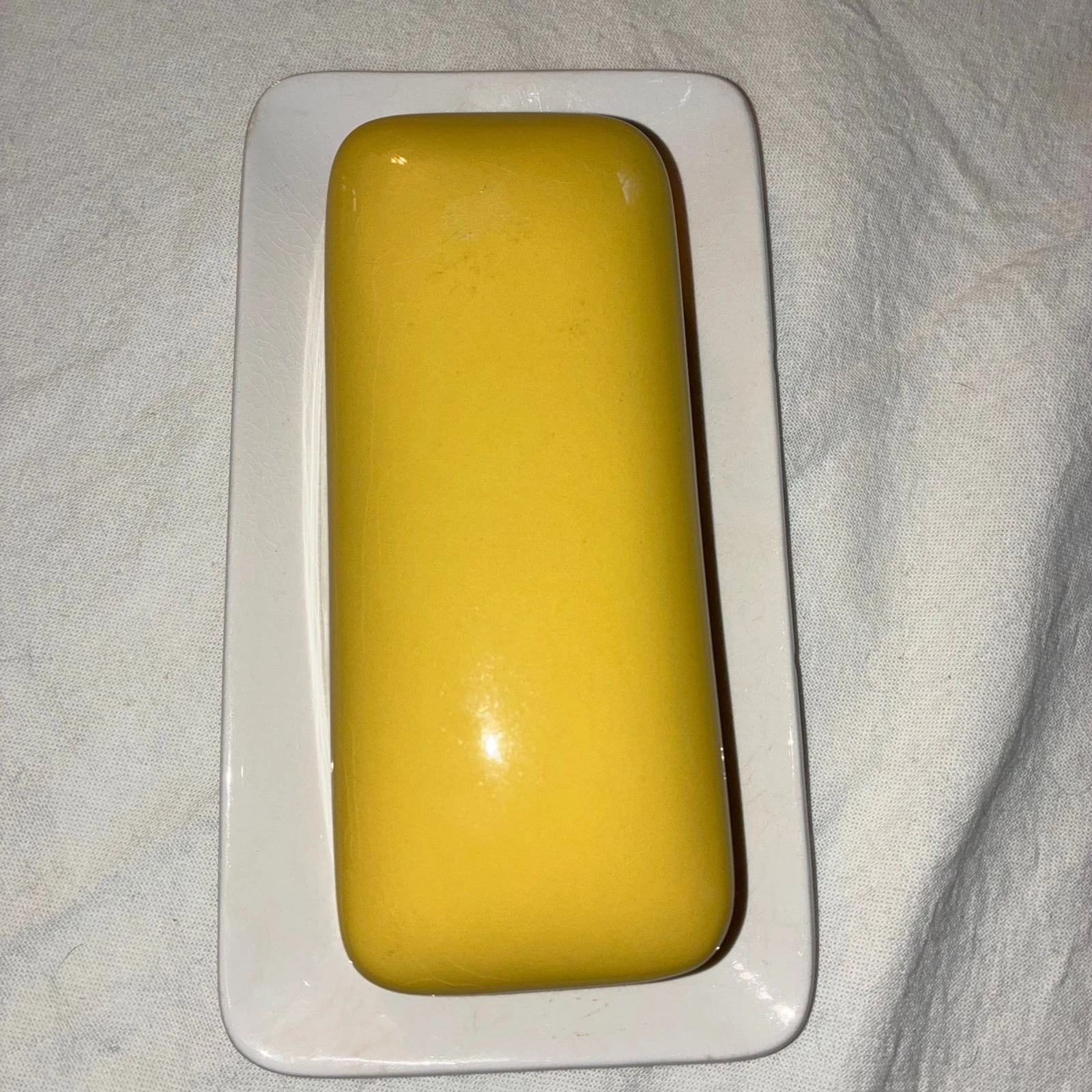 Vintage Mikasa Cera-Stone Yellow and White Ceramic Butter Dish with Lid