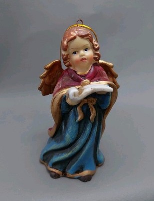 Engelglocke Blau Porzellanengel Angel mit Schriftrolle Glocke zum Aufhängen 10cm